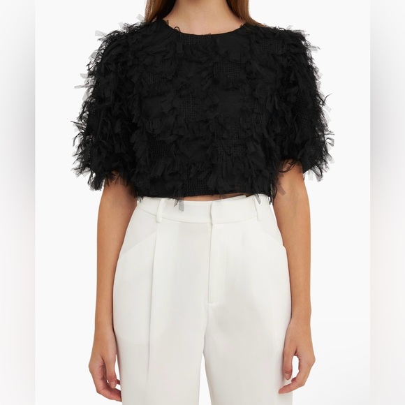 Endless Rose Tops - ENDLESS ROSE Gridded Mesh Feathered Cropped Top